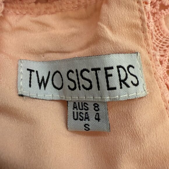 Two Sisters Crochet Overlay Midi Dress Women's 4 Pink Sheer High Neck Cocktail - Picture 12 of 14